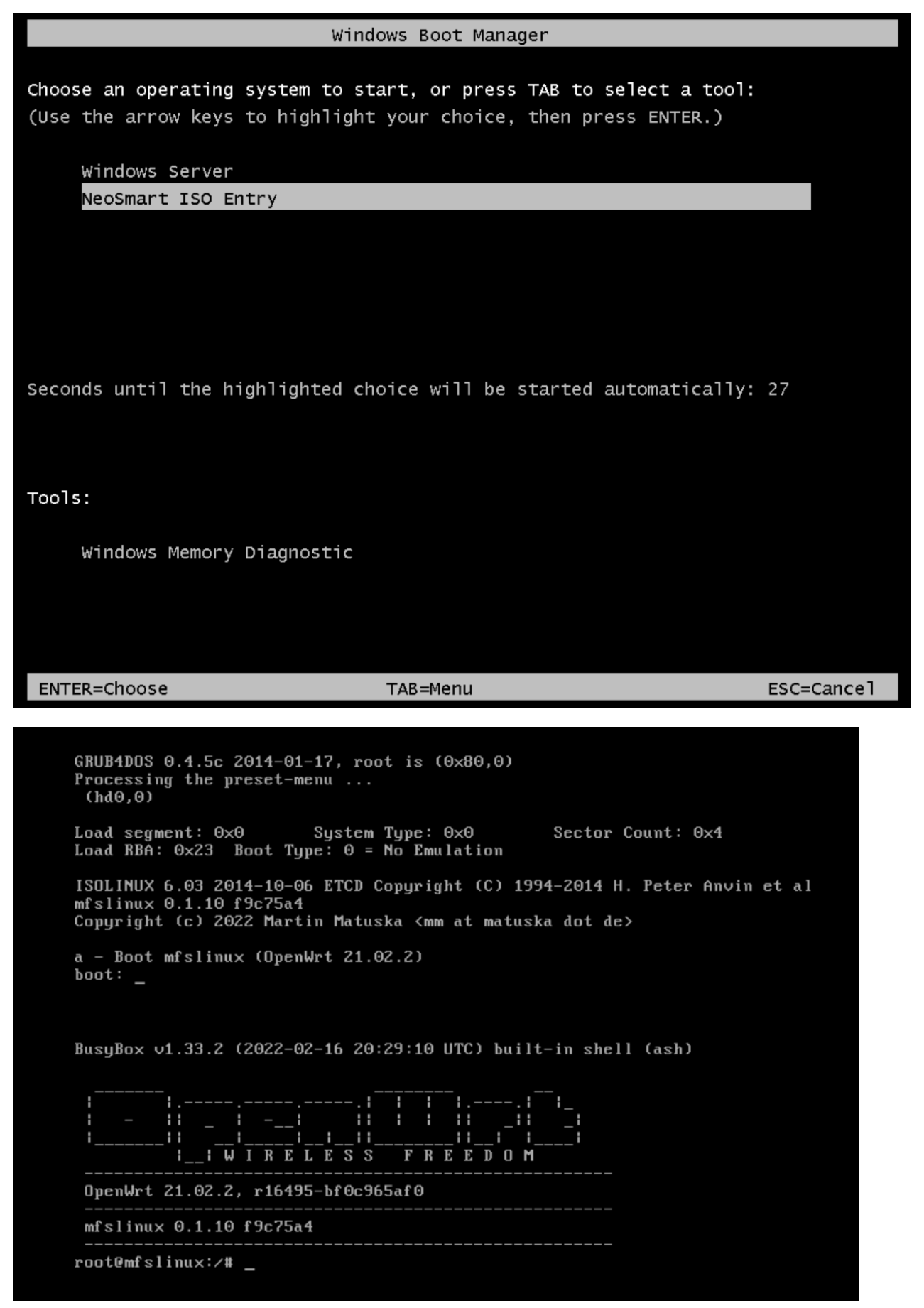 mfslinux启动就进grub